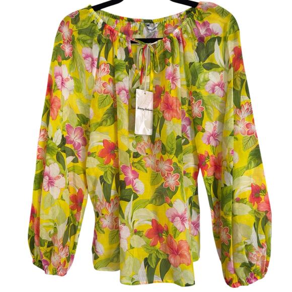 NEW Tommy Bahama Happy Hour Flower Peasant Silk/Cotton Top XS, Green Pink - Picture 6 of 6